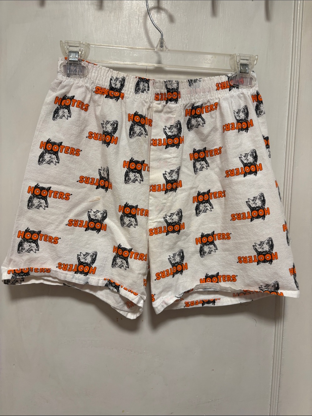 Vintage 90s Hooters White Boxer Shorts with Owl Orange Logo Print